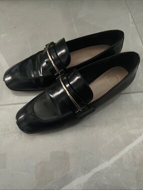 Massimo Dutti Black Leather Loafers with Gold Accent